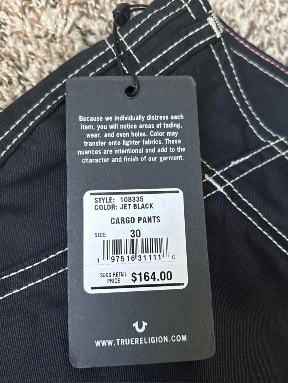 True Religion Black Cargo Pants with White Contrast Stitching